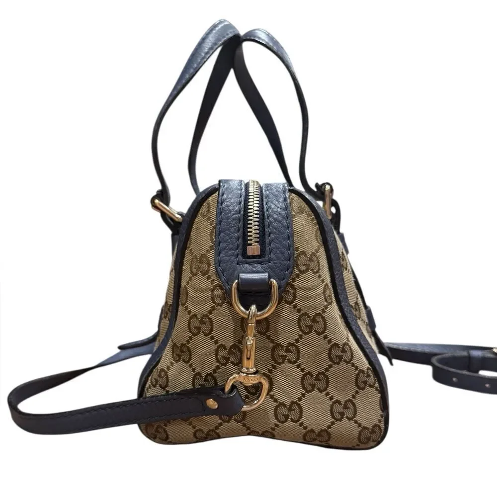 GUCCI Beige Brown GG Canvas Blue Leather Trim Small Belted 2way Boston Bag
